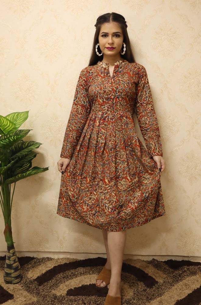 Buy InWeave Green Red Mughal Kalamkari Flared Dress online